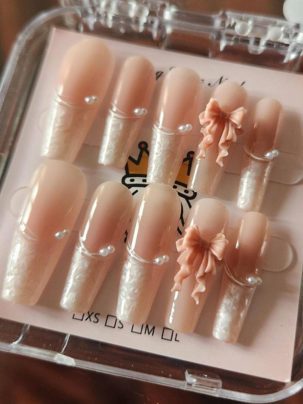 3.0 coffin pink & pearlescent cream French tip press-on nails with pearls & bows